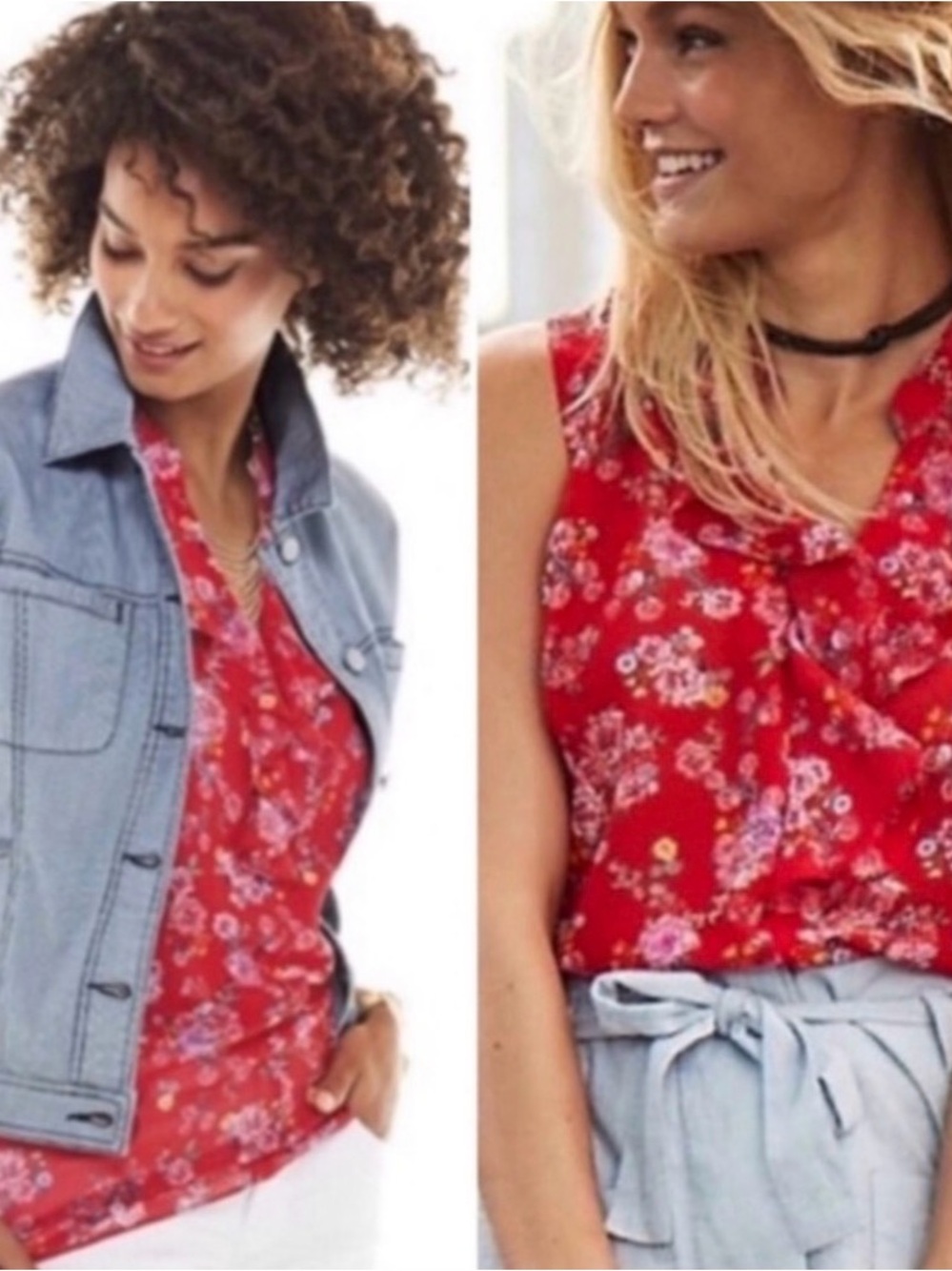 CAbi Red Floral Sleeveless Tie-Neck Blouse